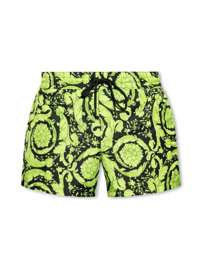 Versace Barocco Print Logo Swim Shorts In Green