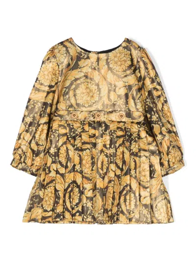 Versace Babies' Barocco-print Long-sleeve Midi Dress In Gold