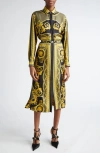 Versace Belted Printed Silk-twill Midi Shirt Dress In Black Dark Olive Gold