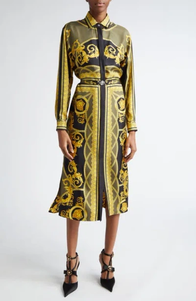 Versace Multicolored Barocco-print Belted Midi Dress In Black