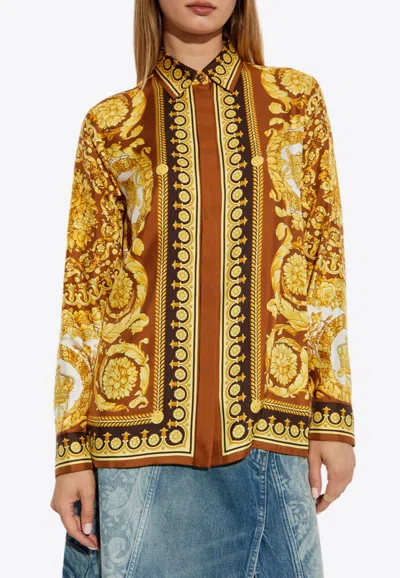 Versace Barocco Print Long-sleeved Silk Shirt In Gold