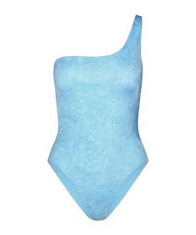 Versace Barocco-print One-shoulder Swimsuit In Blue