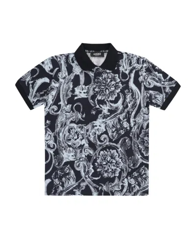 Versace Kids' Barocco-print Piqué-weave Polo Shirt In Blue