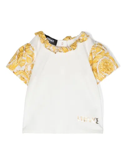 Versace Babies' Barocco-print Ruffle-collar T-shirt In White+print