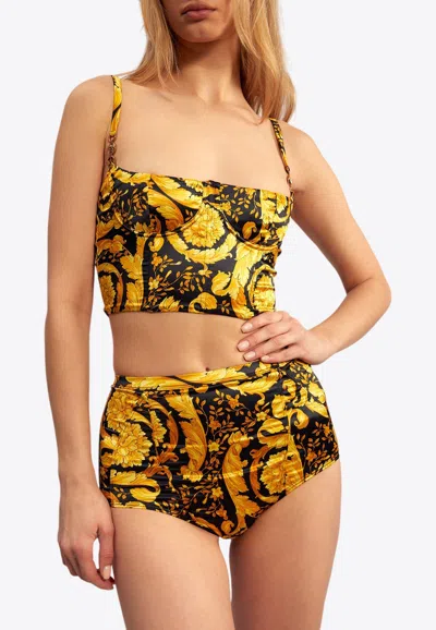 Versace Barocco Print Satin Bustier Top In Yellow