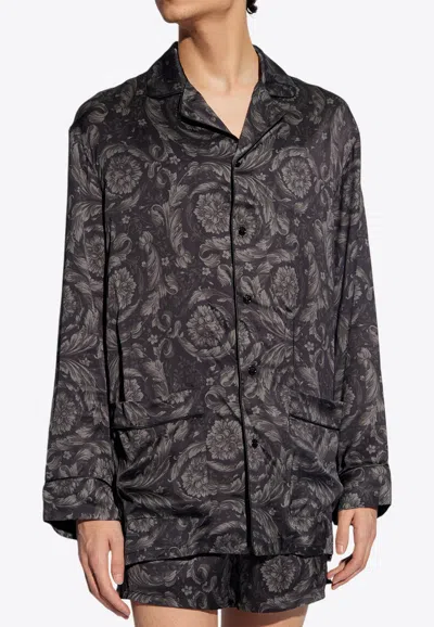 Versace Barocco-print Pyjama Shirt In Gray