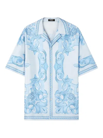 Versace Barocco-print Short-sleeve Shirt In Blue