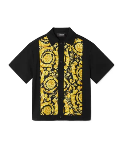 Versace Barocco-print Short-sleeve Shirt In Black
