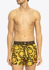 Versace Baroque Print Silk Loungewear Shorts In Gold
