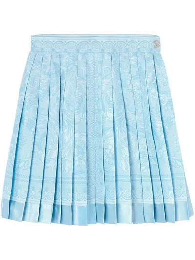 Versace Barocco Print Silk Mini Skirt In Clear Blue