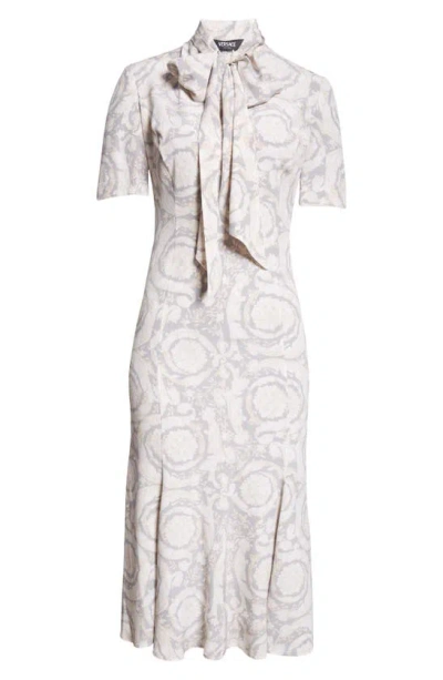 Versace Barocco Print Silk Pussy Bow Shirtdress In Concrete