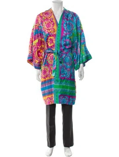 Pre-owned Versace Barocco Print Silk Robe In Orange