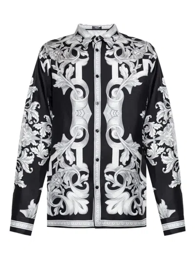 Versace Barocco-print Silk Shirt In Black