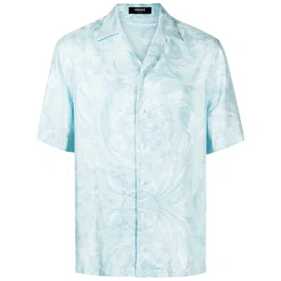 Versace Barocco Jacquard Silk-blend Shirt In Blue