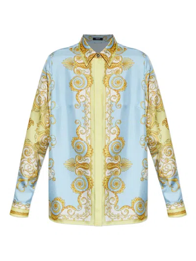Versace Barocco Print Silk Shirt In Brown
