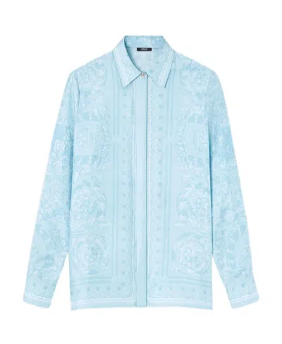 Versace Barocco-print Silk Shirt In Blue