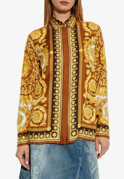 Versace Barocco Print Silk Shirt In Brown