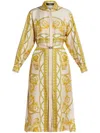 Versace Baroque Coupe De Deaux Silk Long-sleeve Belted Midi Shirtdress In Gold