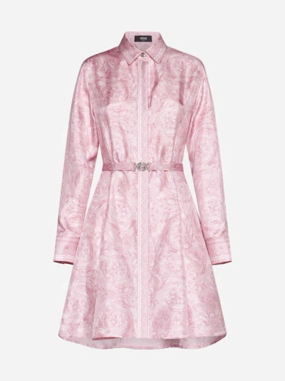Versace Barocco-print Belted Silk Shirtdress In Pale Pink