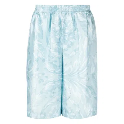 Versace Barocco Print Silk Shorts In Blue