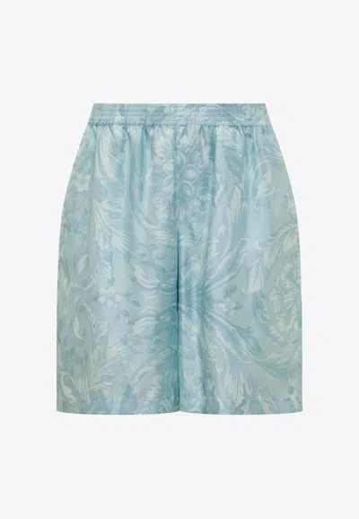 Versace Barocco Print Silk Shorts In Blue