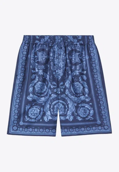 Versace Barocco Print Silk Shorts In Blue