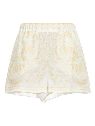 Versace Barocco Print Silk Shorts Side Pockets In Neutral