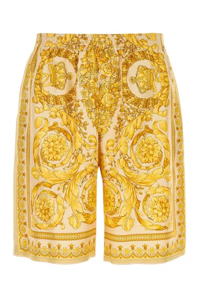 Versace Barocco Print Silk Shorts In Beige
