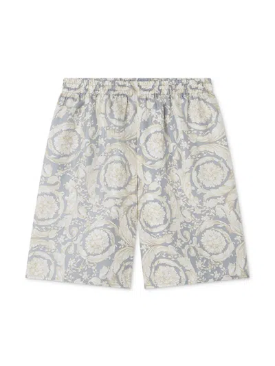 Versace Kids' Barocco-print Silk Shorts In Grey