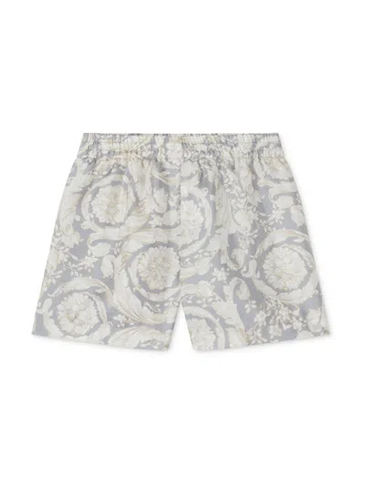 Versace Kids' Barocco-print Silk Shorts In Concrete Bone