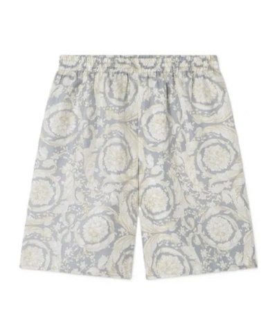 Versace Kids' Barocco-print Silk Shorts In White