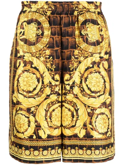 Versace Barocco-print Silk Shorts With Gold-tone Accents In Yellow
