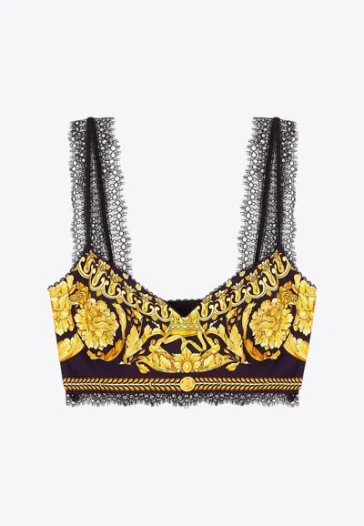 Versace Baroque-print Lace-trimmed Silk-twill Top In Multi-colored