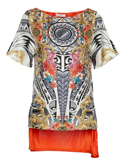 Pre-owned Versace Barocco-print Silk Top In Orange