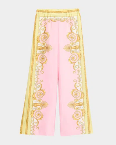 Versace Barocco Print Silk Twill Pants In Pink