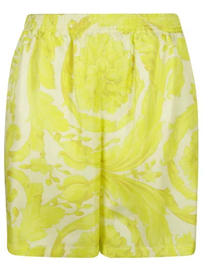 Versace Barocco Print Silk Twill Short In Yellow