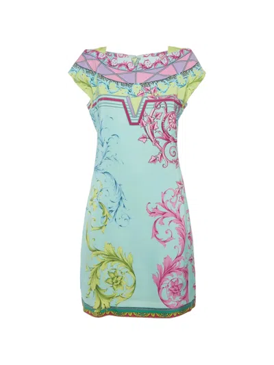 Pre-owned Versace Barocco Print Sleeveless Mini Dress In Blue