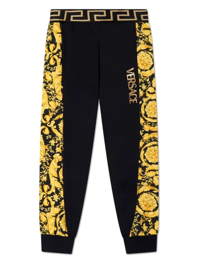 Versace Kids' Boy's Logo-print Barocco Trim Sweat Pants In Black/gold