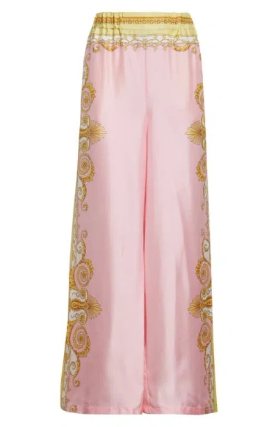Versace Barocco Print Wide Leg Silk Twill Pants In Pink