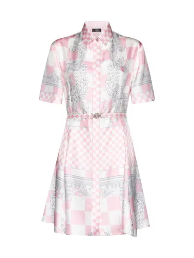 Versace Barocco-printed Belted Shirt Dress In Rosa E Bianco