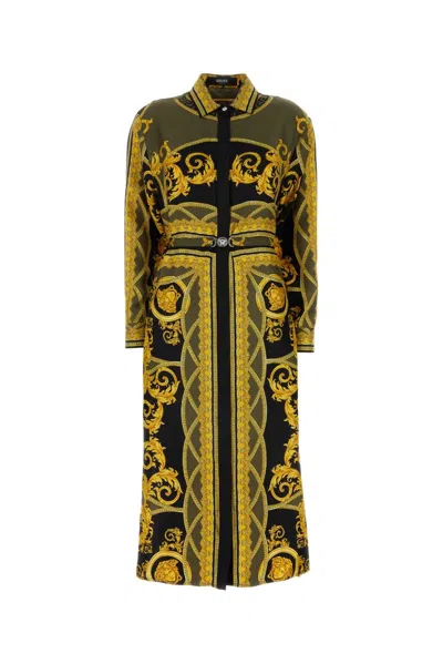 Versace Multicolored Barocco-print Belted Midi Dress In Black