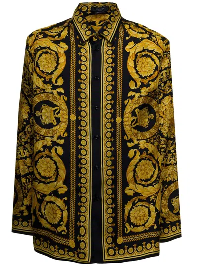 Versace Barocco Printed Silk Shirt In Yellow