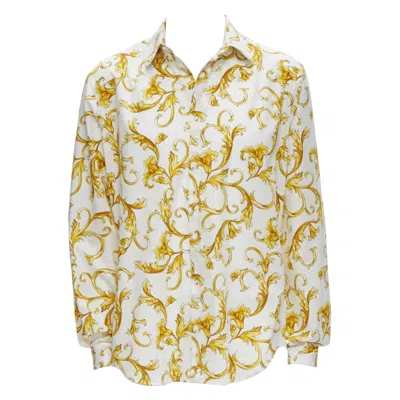 Pre-owned Versace Barocco Rococo White Gold Floral Leaf Print Cotton Shirt Eu40 M
