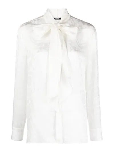 Versace Barocco-jacquard Pussy-bow Blouse In White