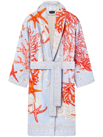 Versace Sea-print Cotton Bathrobe In 蓝色