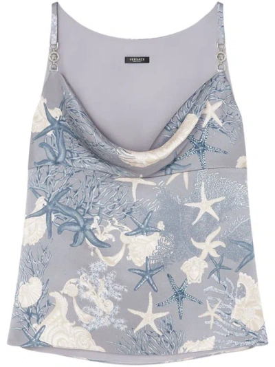 Versace Cowl-neck Satin Top In Blue+print