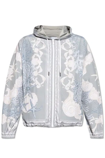 Versace Hydrangea-print Hooded Jacket In Blue+print