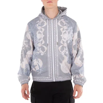 Versace Barocco Sea Hooded Windbreaker Jacket In Gray