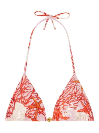 Versace Sea Motif Print Bikini Top In Orange