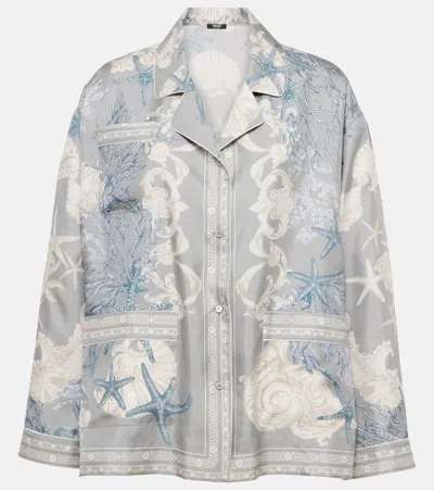 Versace Barocco Sea Oversized Silk Twill Shirt In Blue